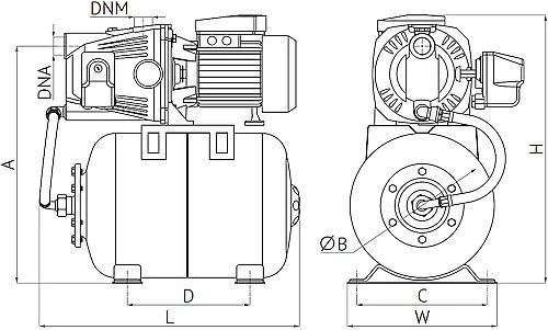 Насосная станция Unipump AUTO JET 110 L поверхностная, корпус - чугун, мощность - 0.9кВт, напор - 53м, производительность - 50л/мин, 220В, объем гидроаккумулятора - 50л, 58639